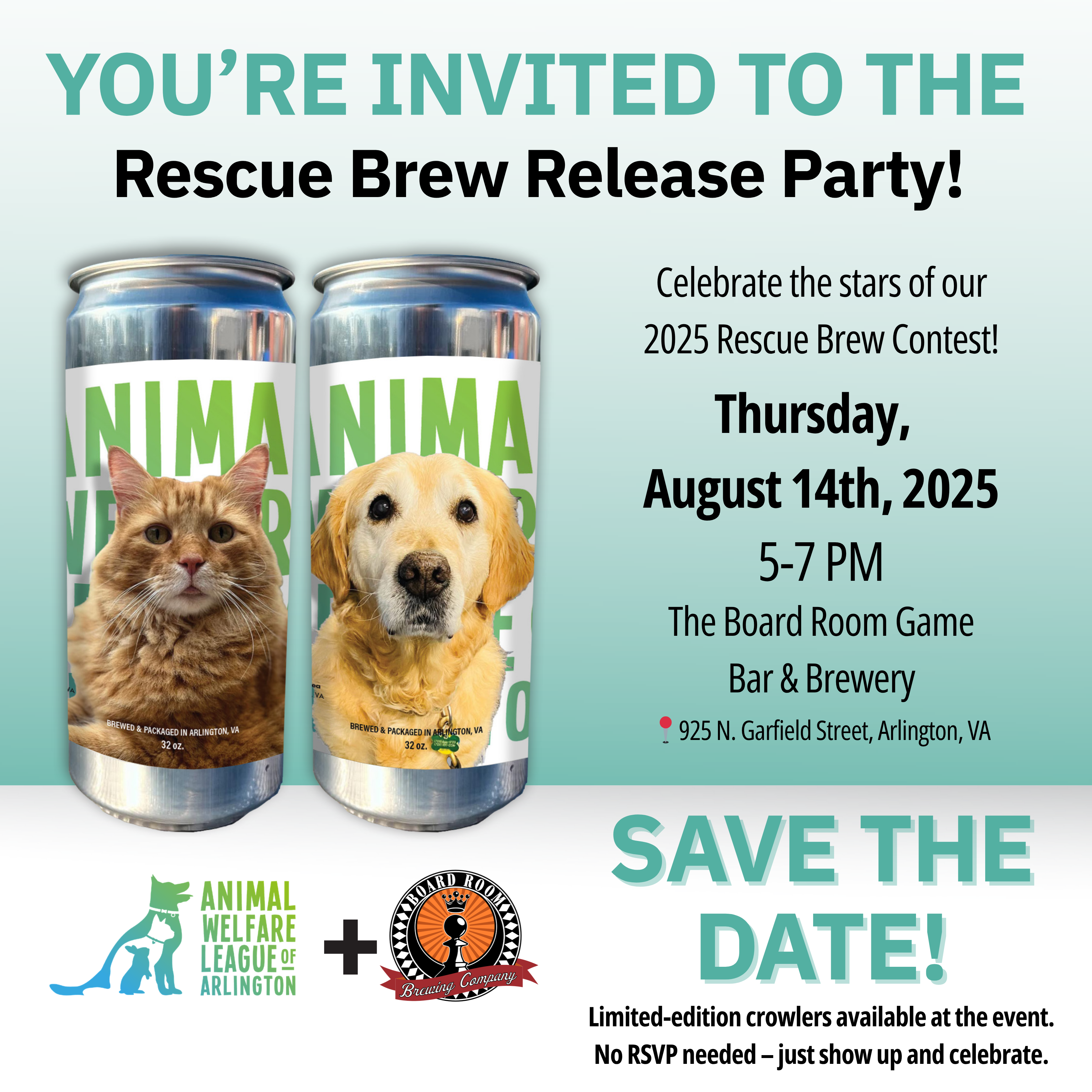 Rescue Brew Release Party flyer with date, location, and featured pet crowler labels – AWLA and Board Room Brewery logos.